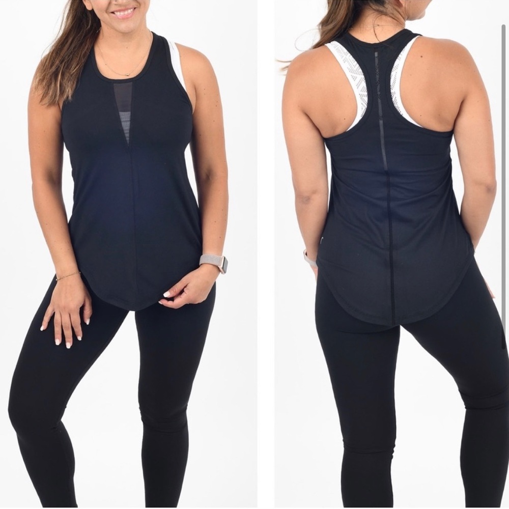 Zyia Effortless Tank Top Long Black Racerback Front Mesh Insert Sleeveless Large